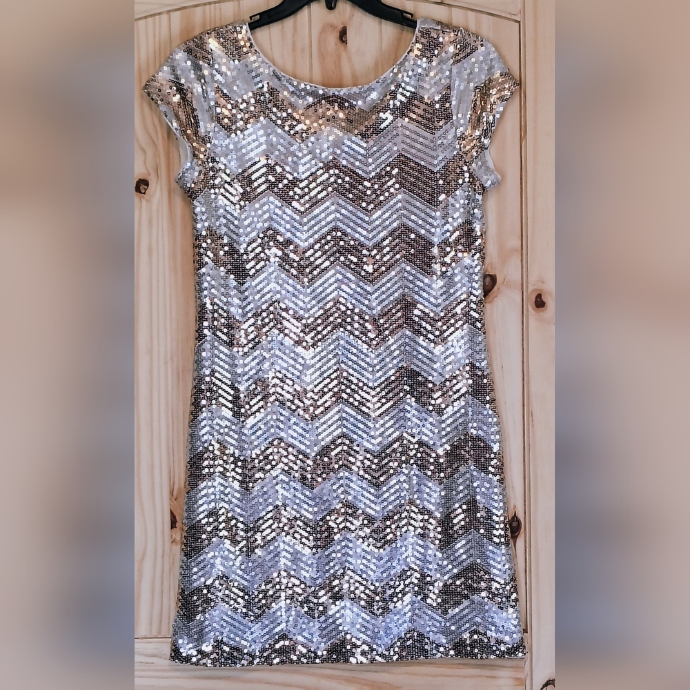 NWT WHBM Women's Sz M Gold Silver Zig Zag Pattern Sequin Dress Scoop Back